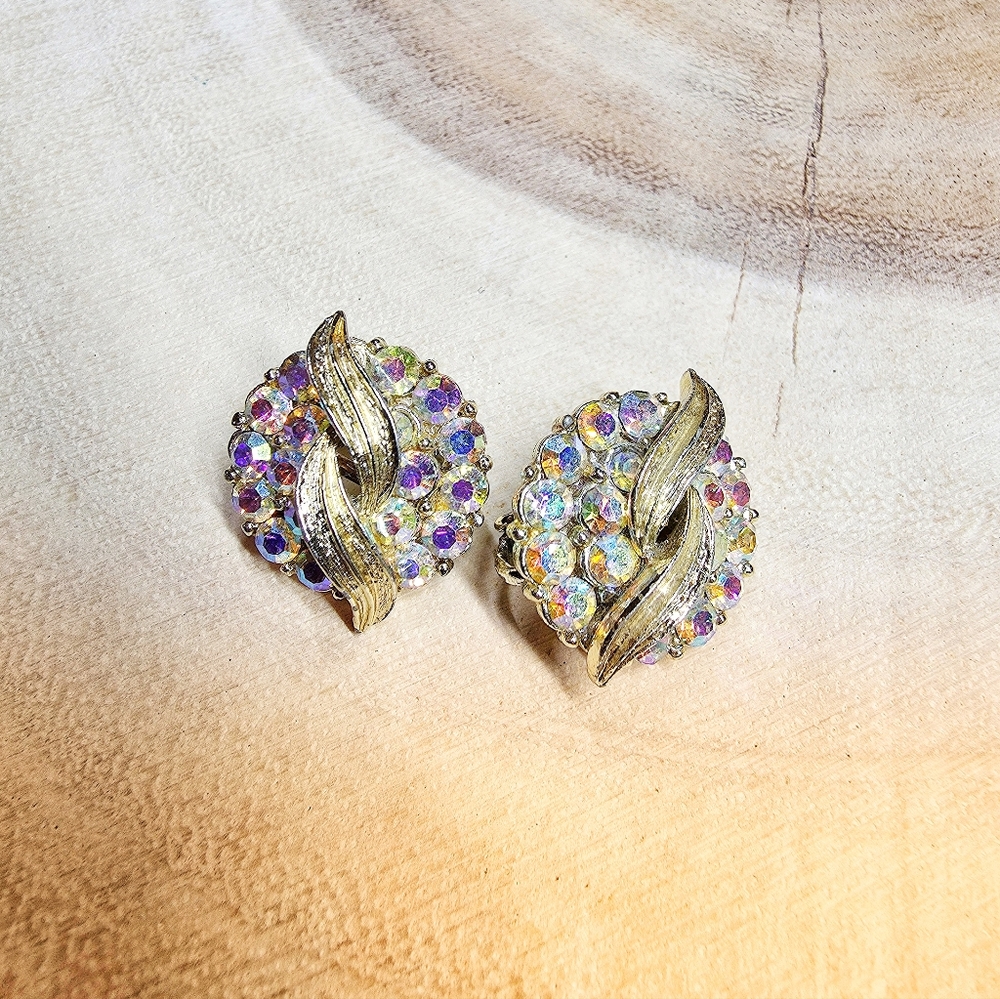 Vintage Coro signed Aurora Borealis rhinestone clip-on earrings
